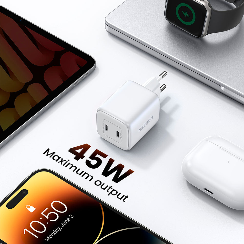 Cargador Ugreen GaN Tech 45W con 2 USB C Blanco