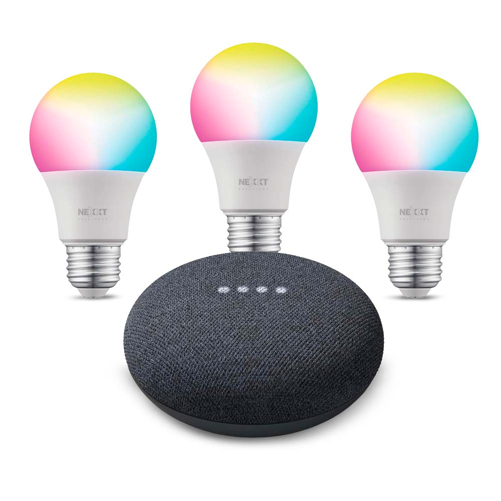 Kit Google Nest Mini 2 Carbón + 3 Ampolletas Inteligentes NEXXT Multicolor