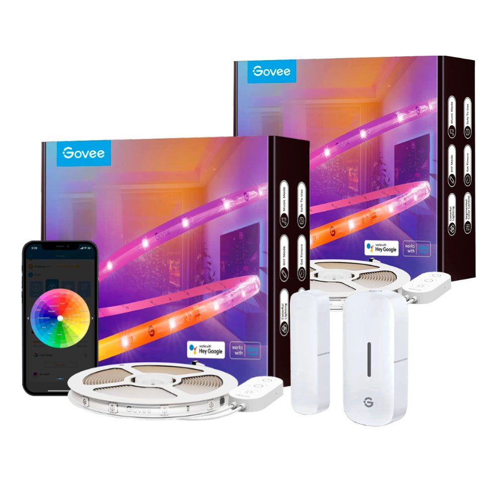 Kit 2x Tira de Luces LED RGBIC 5mts Wifi con Protector + 1x Sensor de puerta y ventana Govee