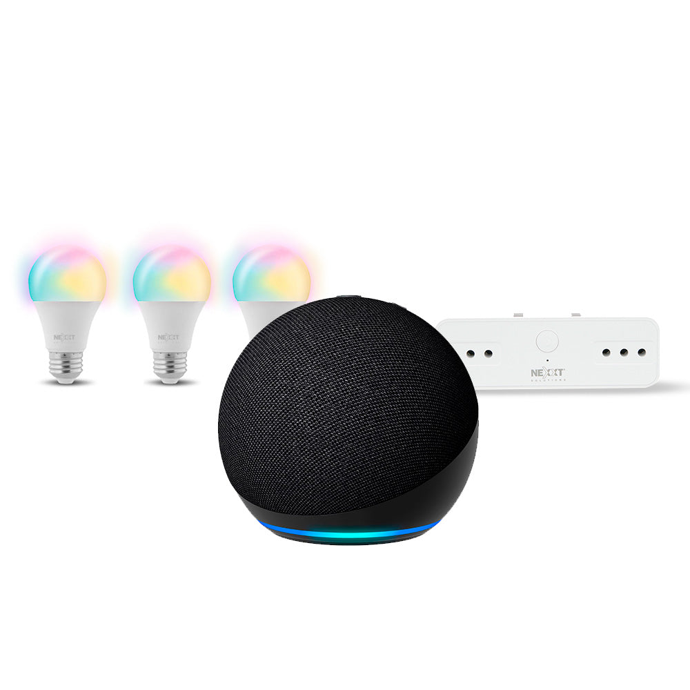 Kit Alexa Echo Dot 5 Black + 3 Ampolletas Multicolor + Tomacorriente Smart