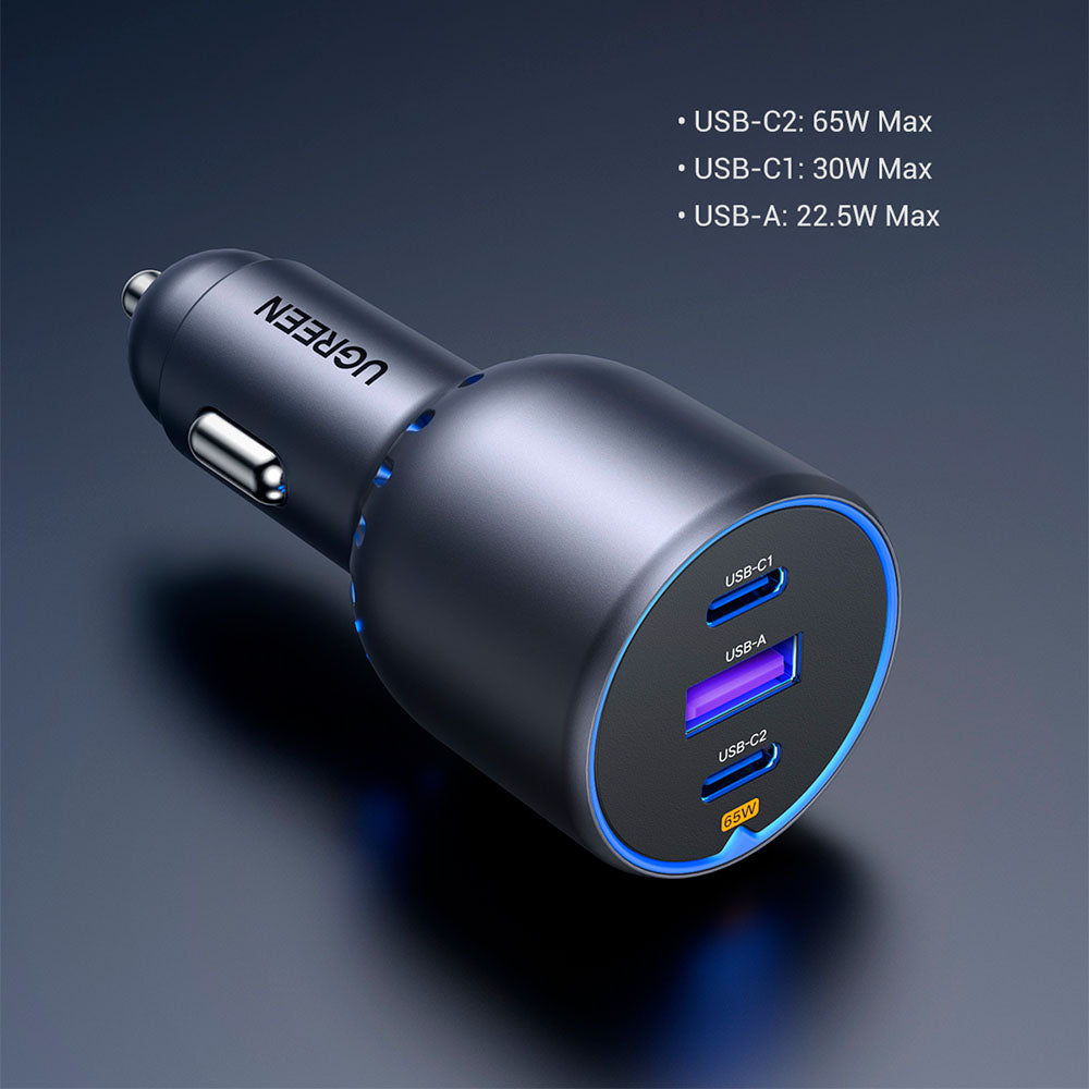 Cargador Ugreen de Auto 2 USB C y 1 UBS A carga Rápida 75W
