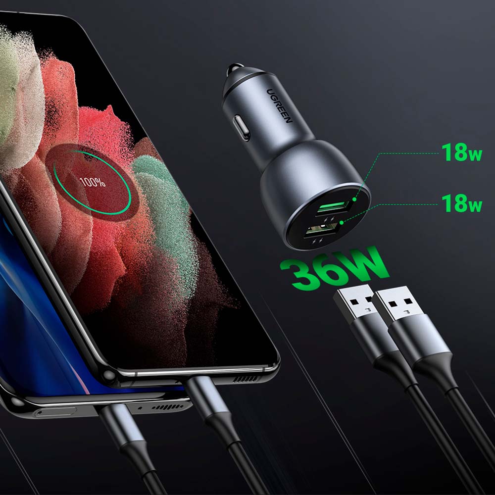 Cargador de Auto Ugreen 2 USB A con carga rápida 36W