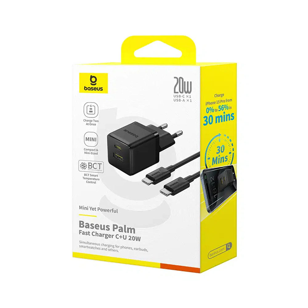 Cargador Rápido Baseus Palm Cluster USB y Tipo C 20W + Cable Tipo C a Tipo C Negro