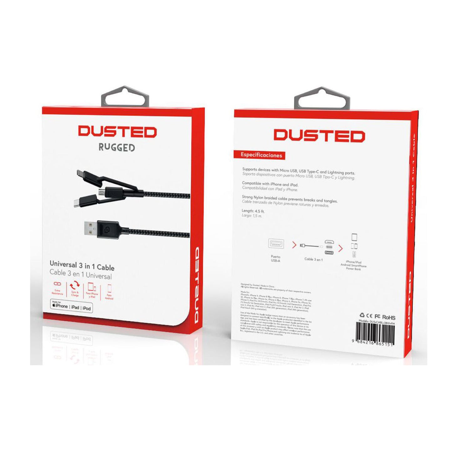 Cable USB Universal 3-en-1 Dusted Usb Tipo-C / Lightning / Micro USB