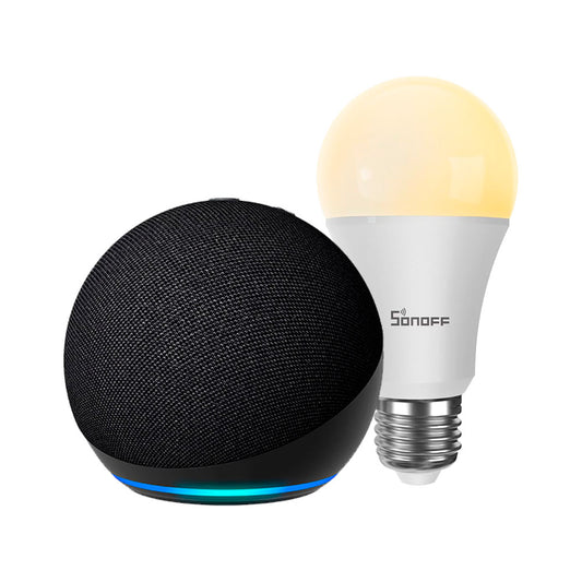 Kit Alexa Echo Dot 5 Black + Ampolleta Wifi Luz Cálida y Fría E27